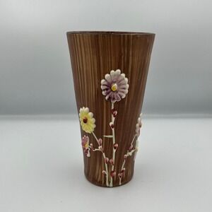 Vintage Hand Painted Made in Italy Floral‎ Vase, Brown Wood Grain Look